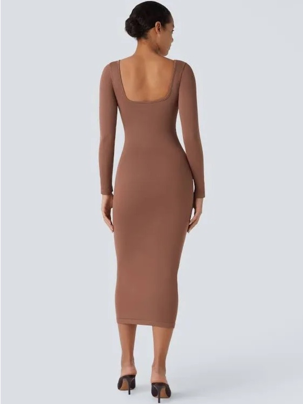 HALARA Long-Sleeve Scoop-Back Midi Dress in Brown Shapeware L NEW seamless